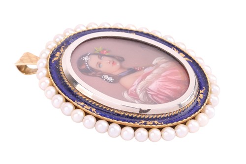 Lot 38 - A seed pearl and enamel portrait miniature...