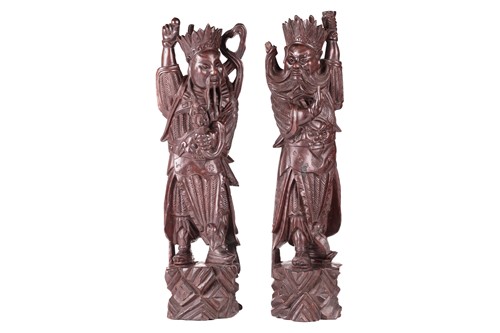 Lot 31 - A pair of Chinese carved cherry wood figures...