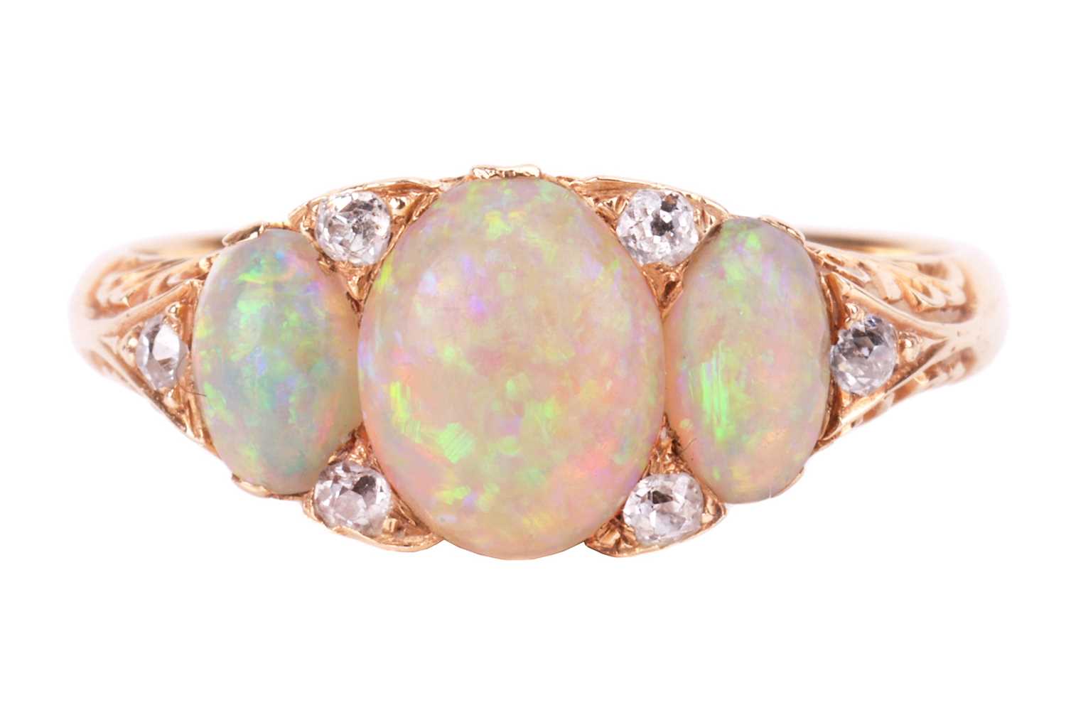 Lot 25 - An opal and diamond half-hoop ring, featuring...