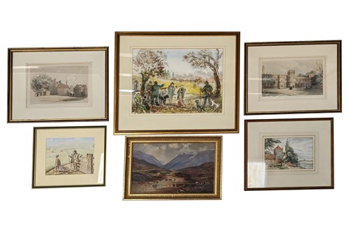 Lot 2 - A collection of six decorative watercolours,...