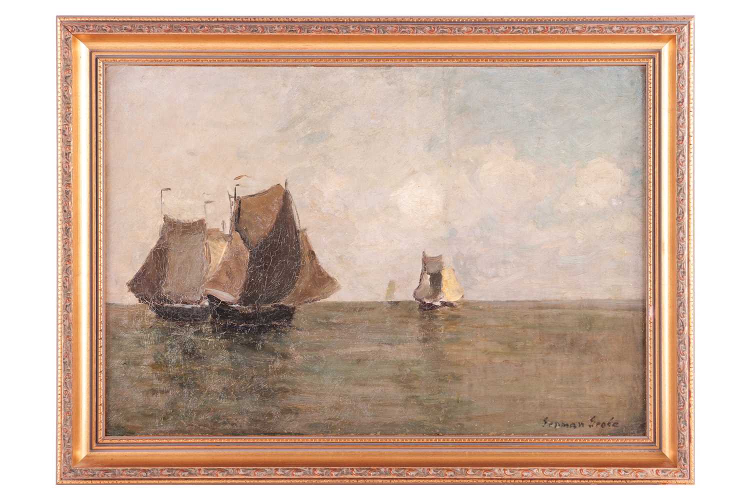 Lot 38 - German Grobe (1857-1938), seascape with boats,...