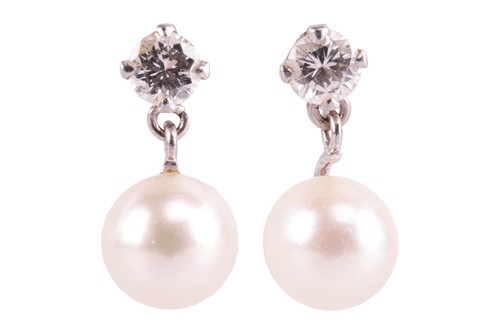 Lot 58 - A pair of diamond and cultured pearl drop...