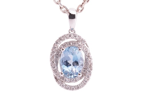 Lot 28 - An aquamarine and diamond-set oval pendant,...