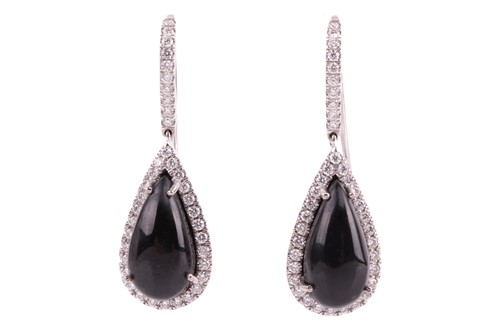 Lot 117 - A pair of Whitby jet and diamond drop earrings...