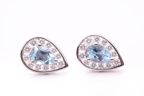 Lot 10 - A pair of aquamarine and diamond stud earrings,...