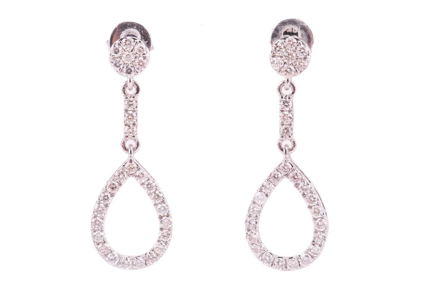 Lot 125 - A pair of diamond drop earrings, set with...