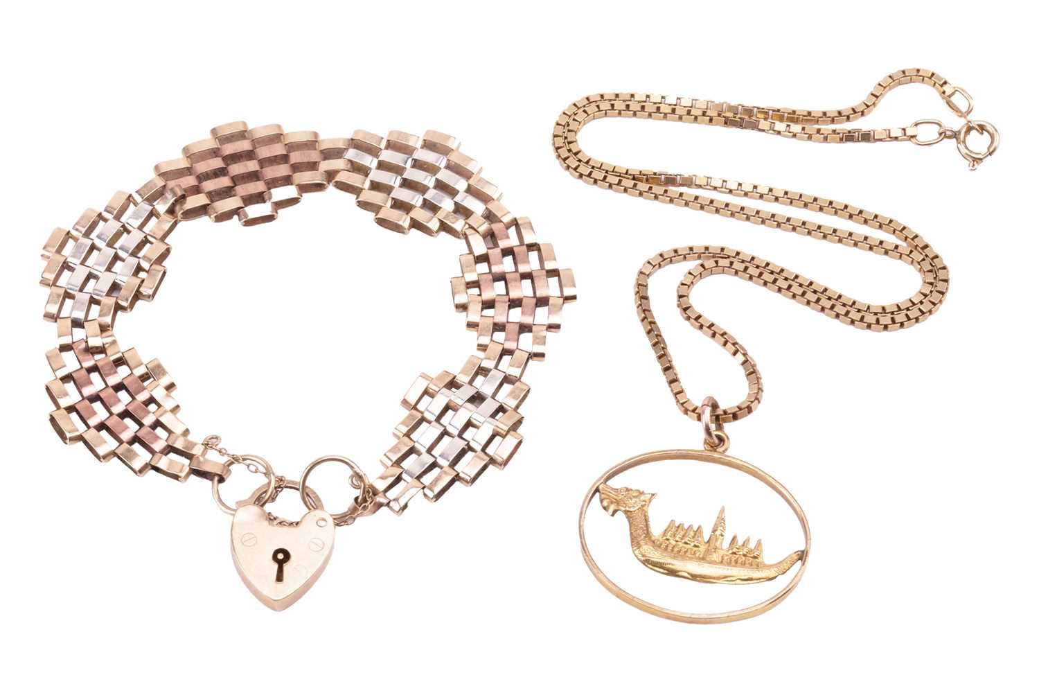 Lot 16 - A 9ct gold gate bracelet and a pendant on...