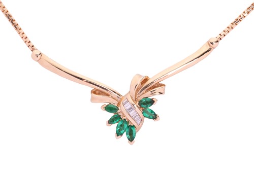 Lot An emerald and diamond-set bow necklace, the...