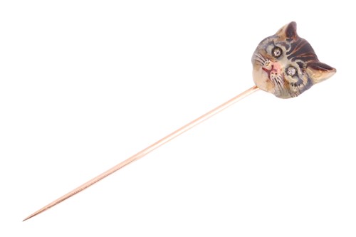 Lot 2 - An Edwardian cat head enamel stick pin,...
