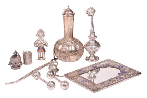 Lot 95 - A Persian rectangular white metal and enamel...