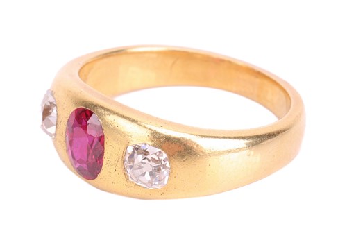 Lot 17 - A ruby and diamond three-stone gypsy ring,...