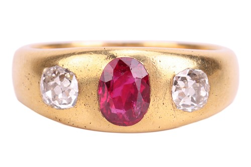 Lot 17 - A ruby and diamond three-stone gypsy ring,...