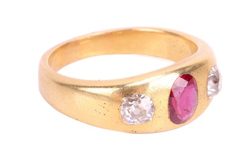 Lot 17 - A ruby and diamond three-stone gypsy ring,...
