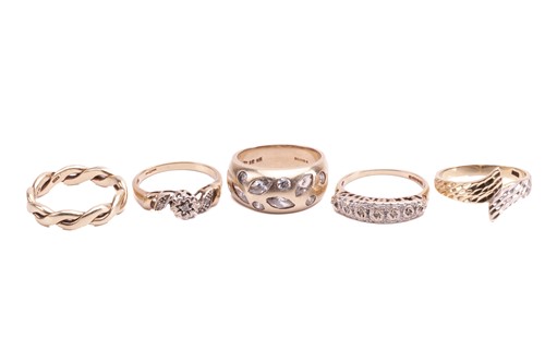 Lot 44 - A collection of five 9ct yellow gold rings...