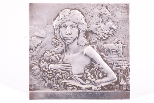 Lot 268 - A white metal plaque titled 'Primavera' by...