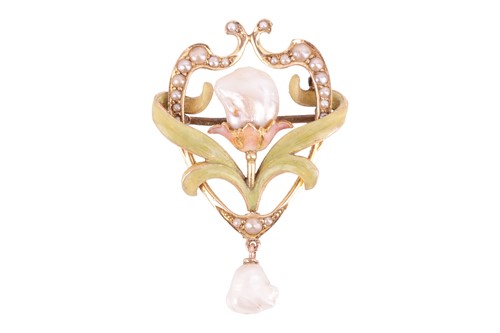 Lot 3 - An Art Nouveau enamel and pearl brooch, the...