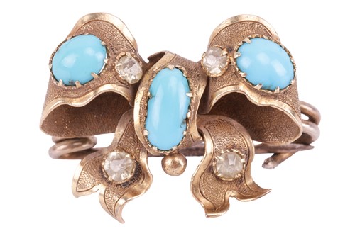 Lot 9 - A gem-set bow brooch, set with three turquoise...