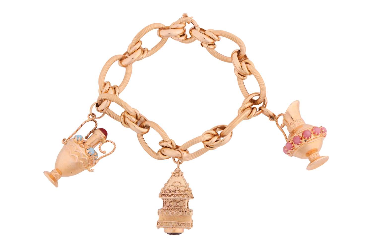 Lot 143 - A charm bracelet comprising a series of hollow...