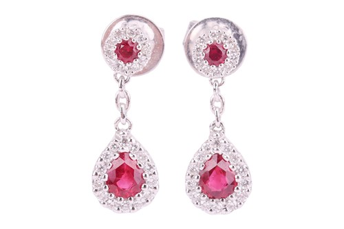 Lot 24 - A pair of ruby and diamond cluster drop...