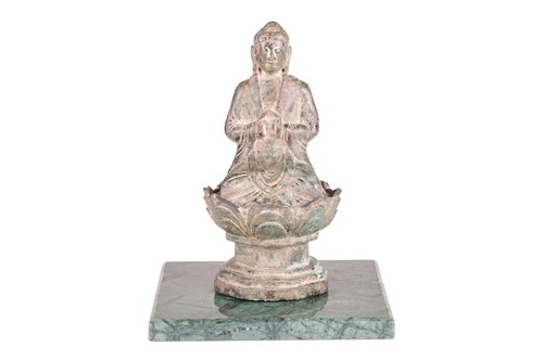 Lot A Japanese verdigris cast bronze seated Buddha,...