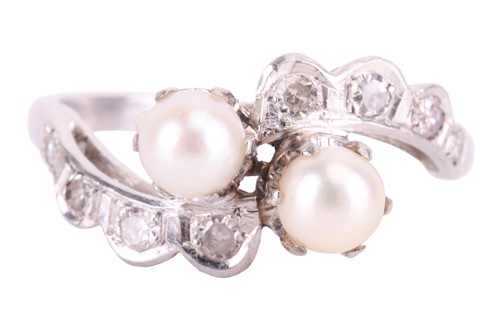 Lot 56 - A cultured pearl and diamond crossover ring,...