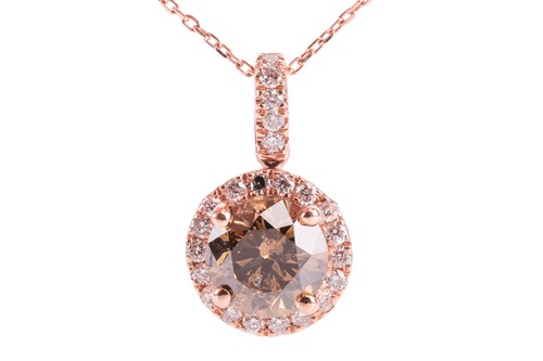 Lot 76 - A brown diamond cluster pendant on chain, claw-...