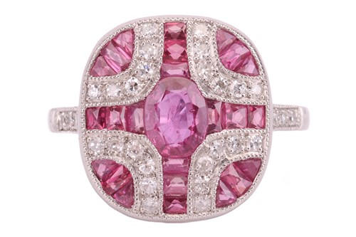 Lot 126 - An Art Deco-style ruby and diamond plaque ring,...