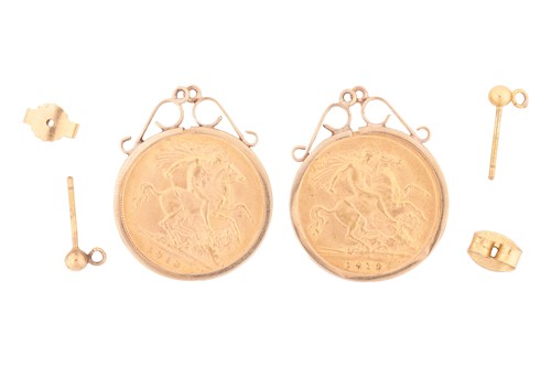 Lot 128 - A pair of half Sovereign set earrings, the two...