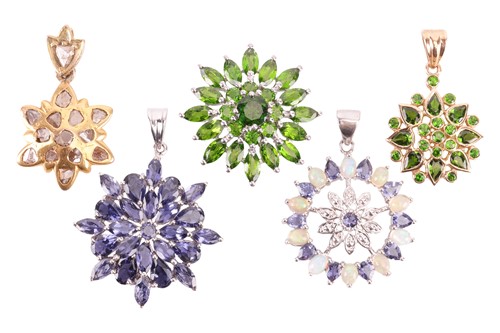Lot 151 - A collection of five gem-set cluster pendants,...