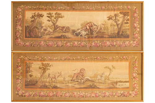 Lot 251 - A pair of Aubusson tapestry frieze panels,...