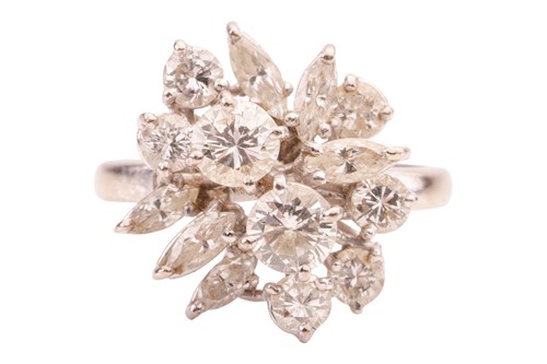 Lot A diamond cluster ring, a tiered head composed...