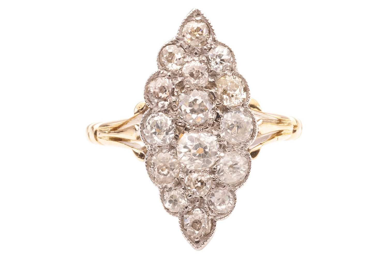 Lot 59 - A diamond cluster ring of navette shape, the...