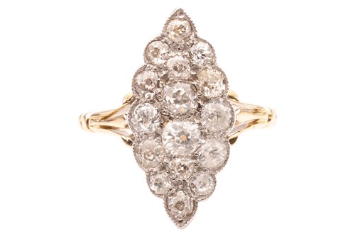Lot A diamond cluster ring of navette shape, the...