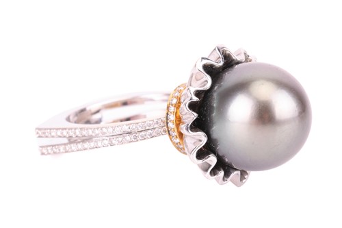 Lot 88 - A Tahitian pearl and diamond cocktail ring,...