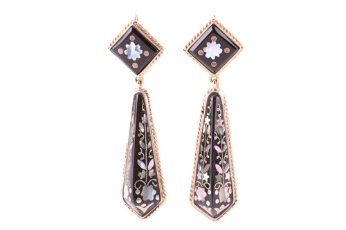 Lot A pair of piqué drop earrings inlaid with...