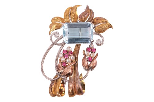 Lot 68 - A floral spray brooch set with aquamarine,...