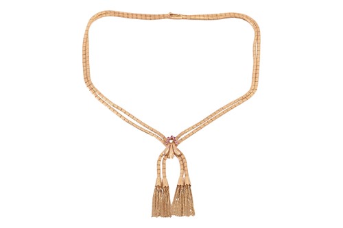 Lot 112 - A gem-set tassel necklace; featuring four...