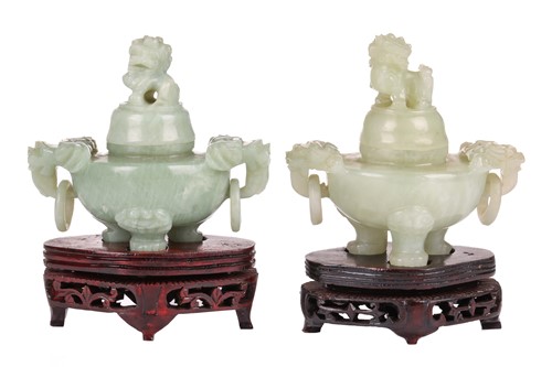 Lot A Chinese-carved green jade squat censer and...