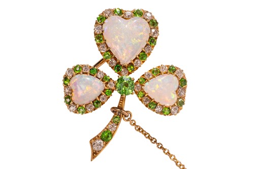 Lot A late Victorian shamrock brooch set with opal,...