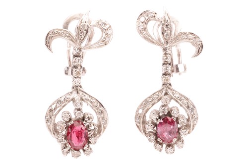 Lot A pair of ruby and diamond drop earrings, of...