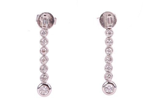 Lot 34 - A pair of diamond drop earrings, each...