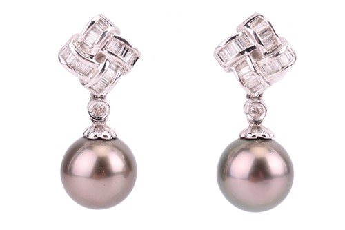 Lot 26 - A pair of Tahitian pearl drop earrings, each...