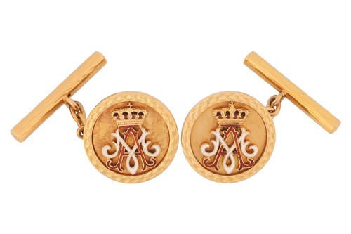 Lot 123 - A pair of 18ct gold and enamel cufflinks by...