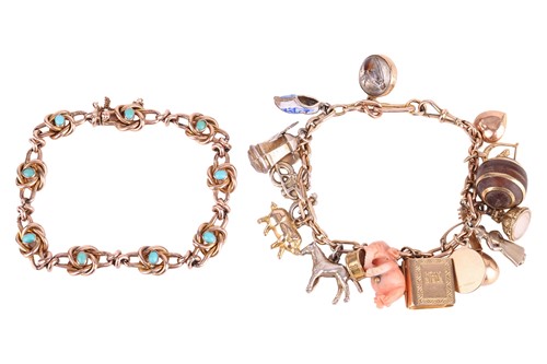 Lot 21 - A 9ct gold charm bracelet and turquoise...