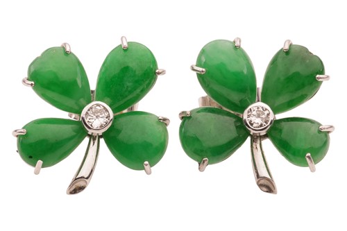 Lot 100 - A pair of jade and diamond clover earrings,...