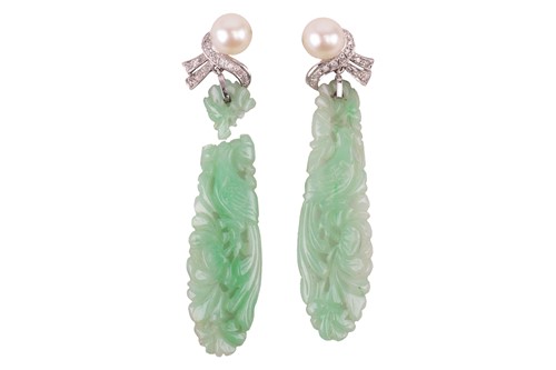 Lot 4 - A pair of jade, diamond and cultured pearl...