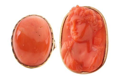 Lot 103 - A corallium rubrum ring and brooch, the oval...