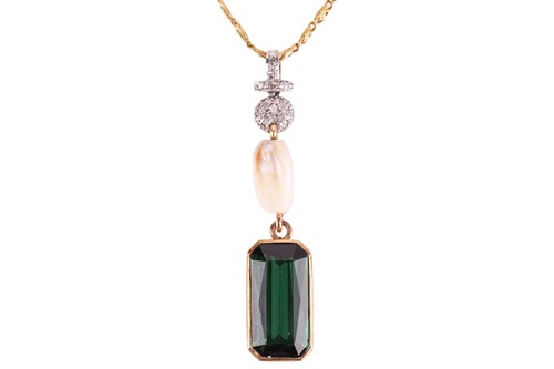 Lot 137 - A tourmaline, pearl and diamond pendant...