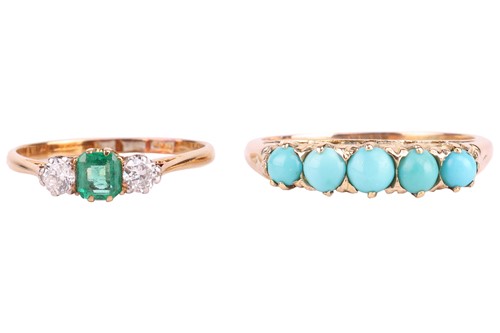 Lot 45 - An emerald and diamond three-stone ring and a...