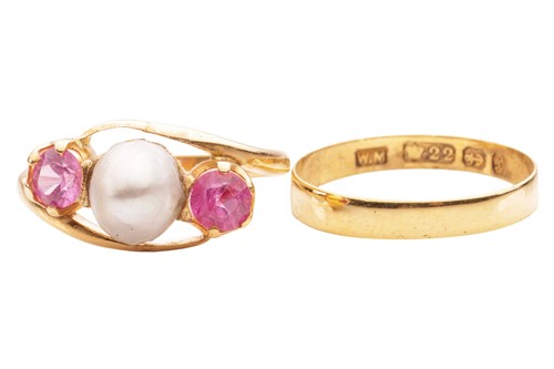 Lot 147 - A cultured pearl and pink sapphire ring and a...